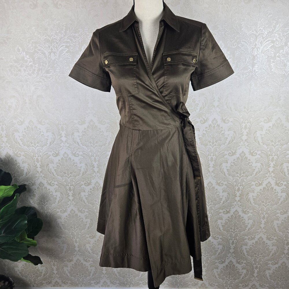 MICHAEL Michael Kors Size 2 Olive Green/Brown Wrap Dress Full Skirt Short Slve